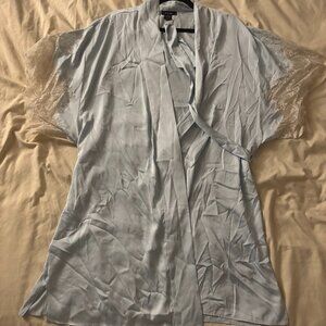 Natori Light Blue Silk robe with tie; lace sleeves